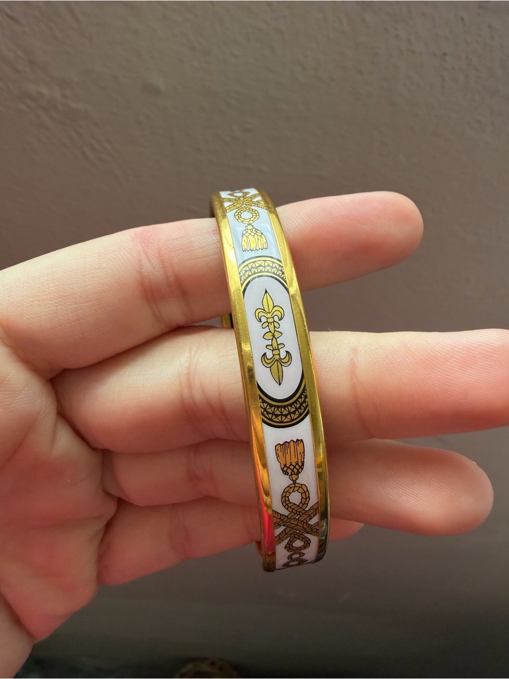 Authentic Hermes Gold and White Enamel Fleur-Pattern Bangle Bracelet
